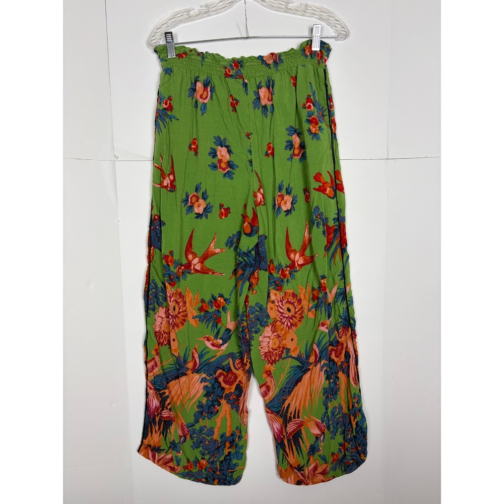 Anthropologie Tropical Bird Floral Smocked Wide Leg Pants Green Size S - Picture 4 of 12